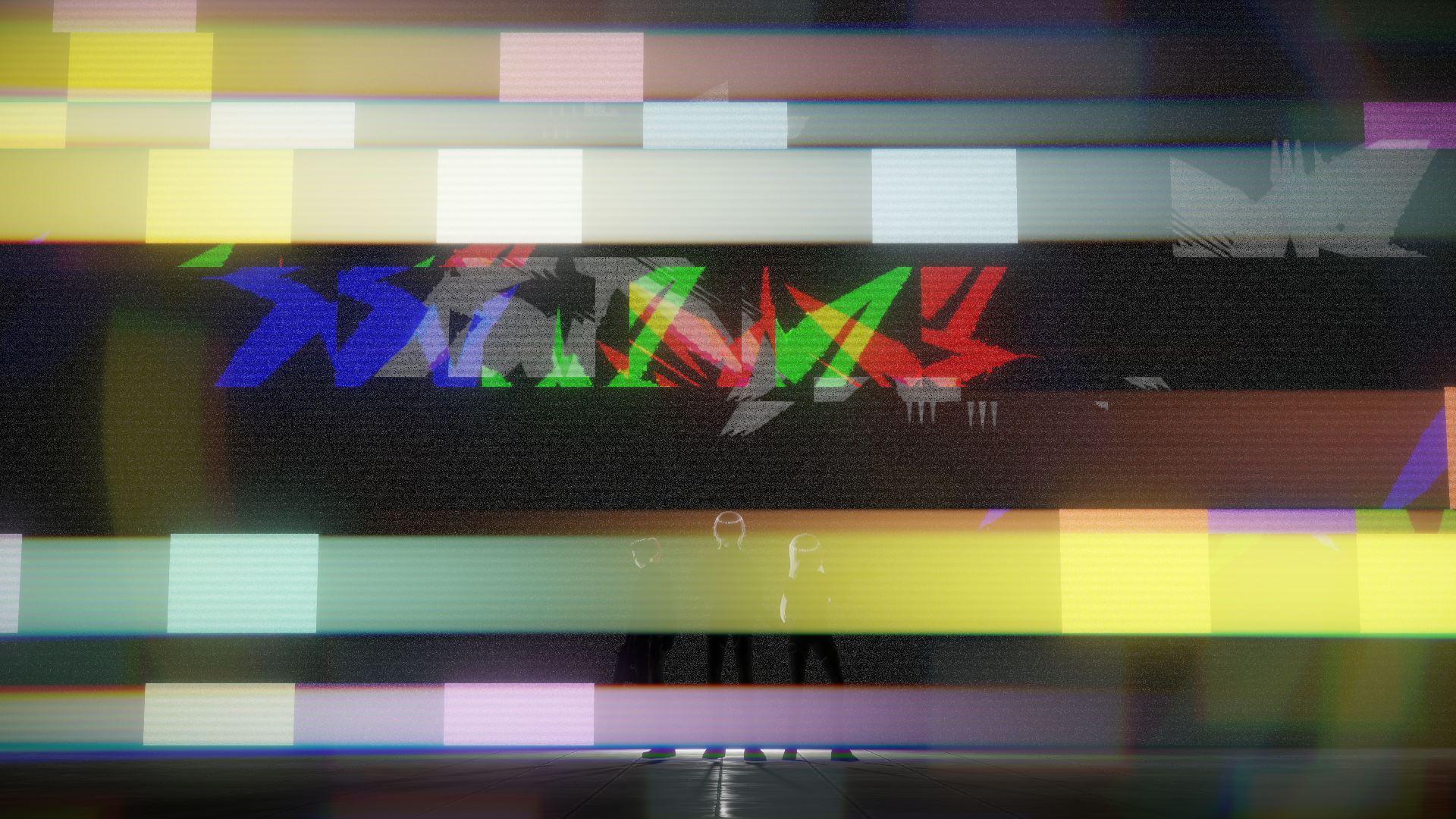Figures under a dark wall streaked with glitch light