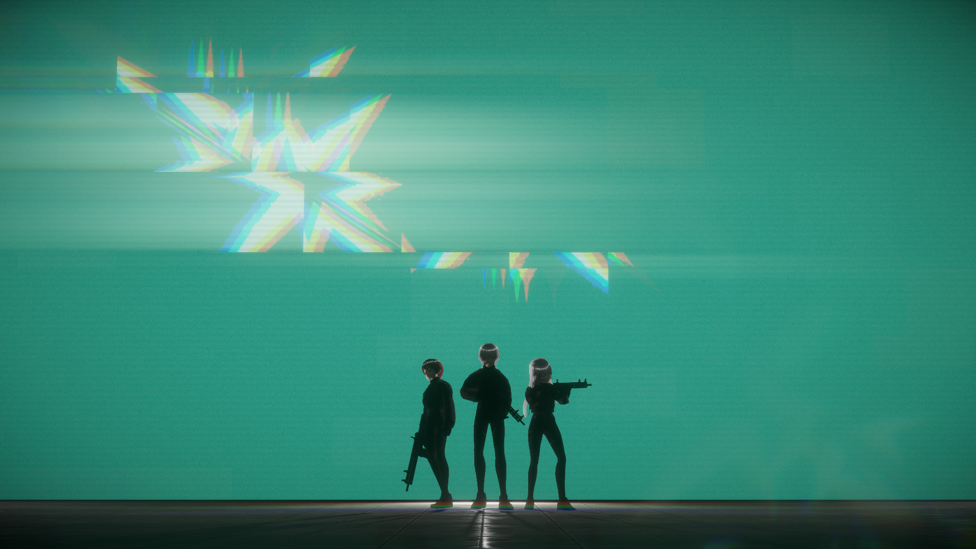 Figures before a green-lit arena wall