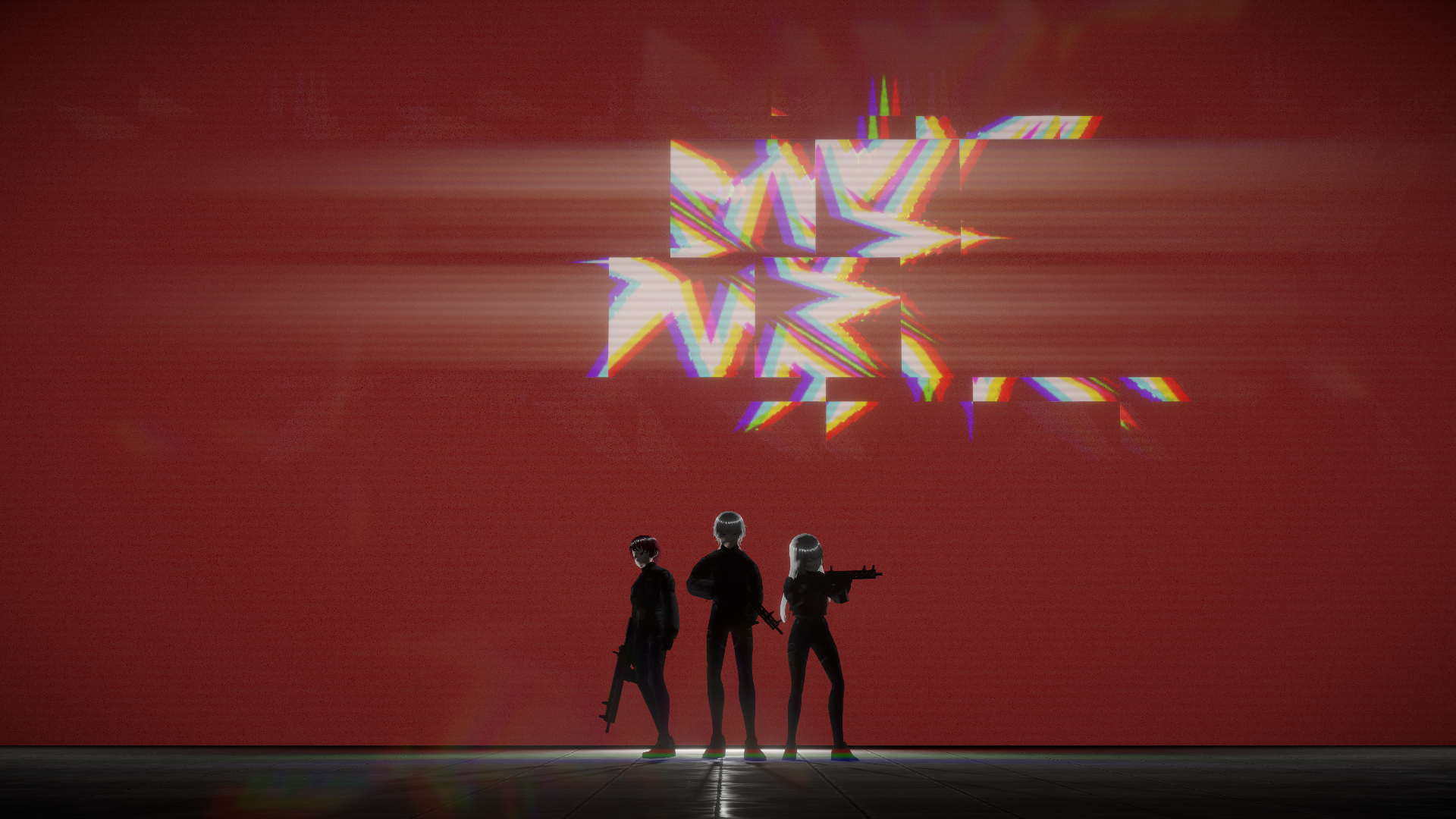 Figures before a red-lit arena wall with a projected star