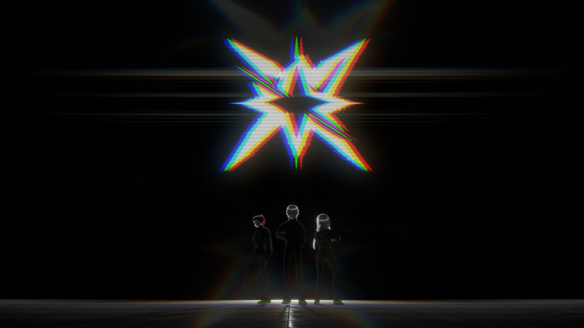 Three silhouetted figures beneath a rainbow-glitched shard-star