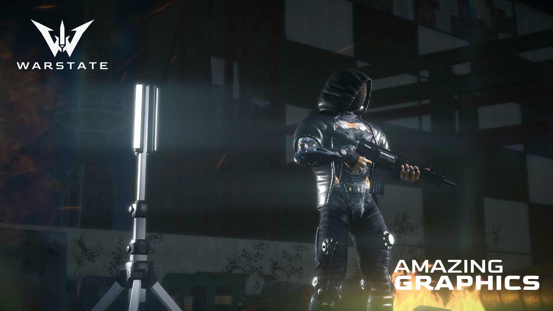 Hooded operative standing under a floodlight