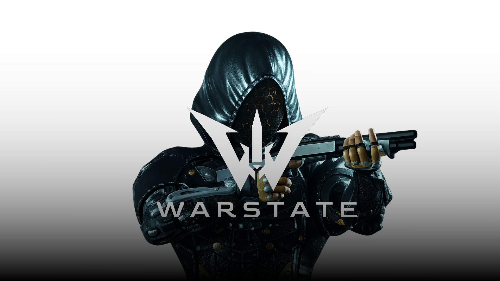 Warstate key art — hooded operative holding a shotgun