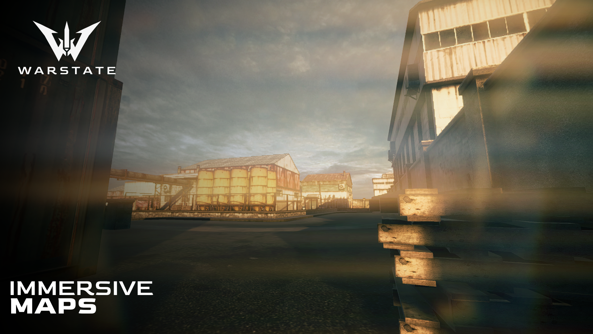 Industrial map at dusk with warehouses and silos
